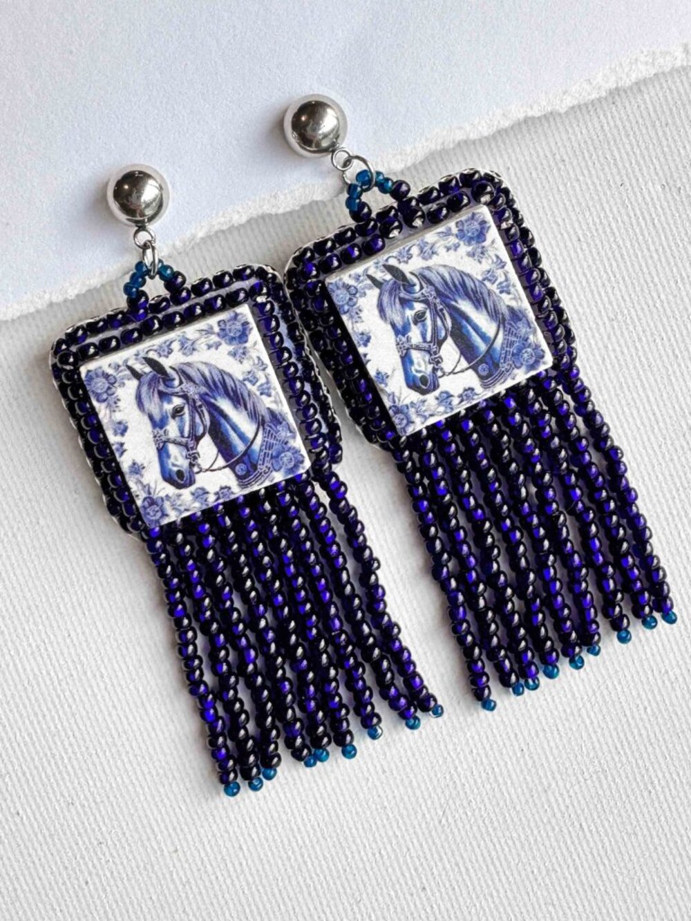 Handmade Blue Horse Ceramic Fringe Statement Earrings - Picture 2 of 10